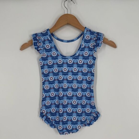 Grace & James Kids Frances One Piece Ruffle Trim Swimsuit in Blue | Size 6 - Picture 4 of 9